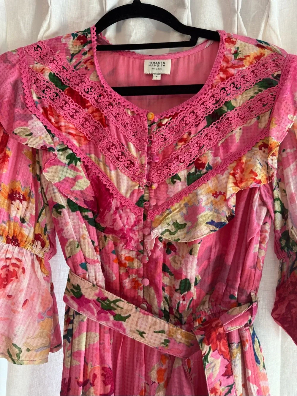 Hemant & Nandita Pink Floral Lace Ruffle Mini Dress Size S